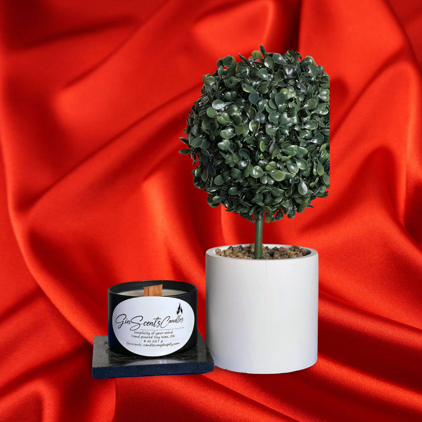 8 oz round travel tin candle with a wooden or cotton wick.